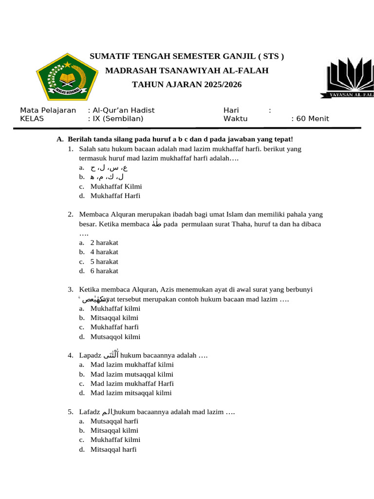 Soal Al-Quran Hadits Kelas 9 PDF Soal Al-Quran Hadits Kelas 9 PDF