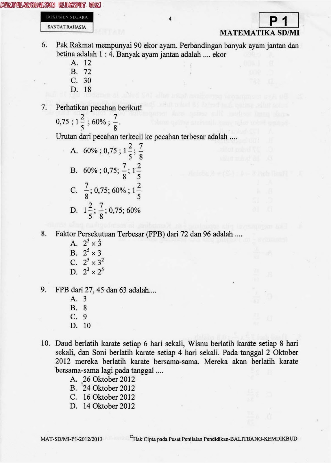 Download Soal Ulangan Matematika Kelas 6 Semester 2 Pecahan