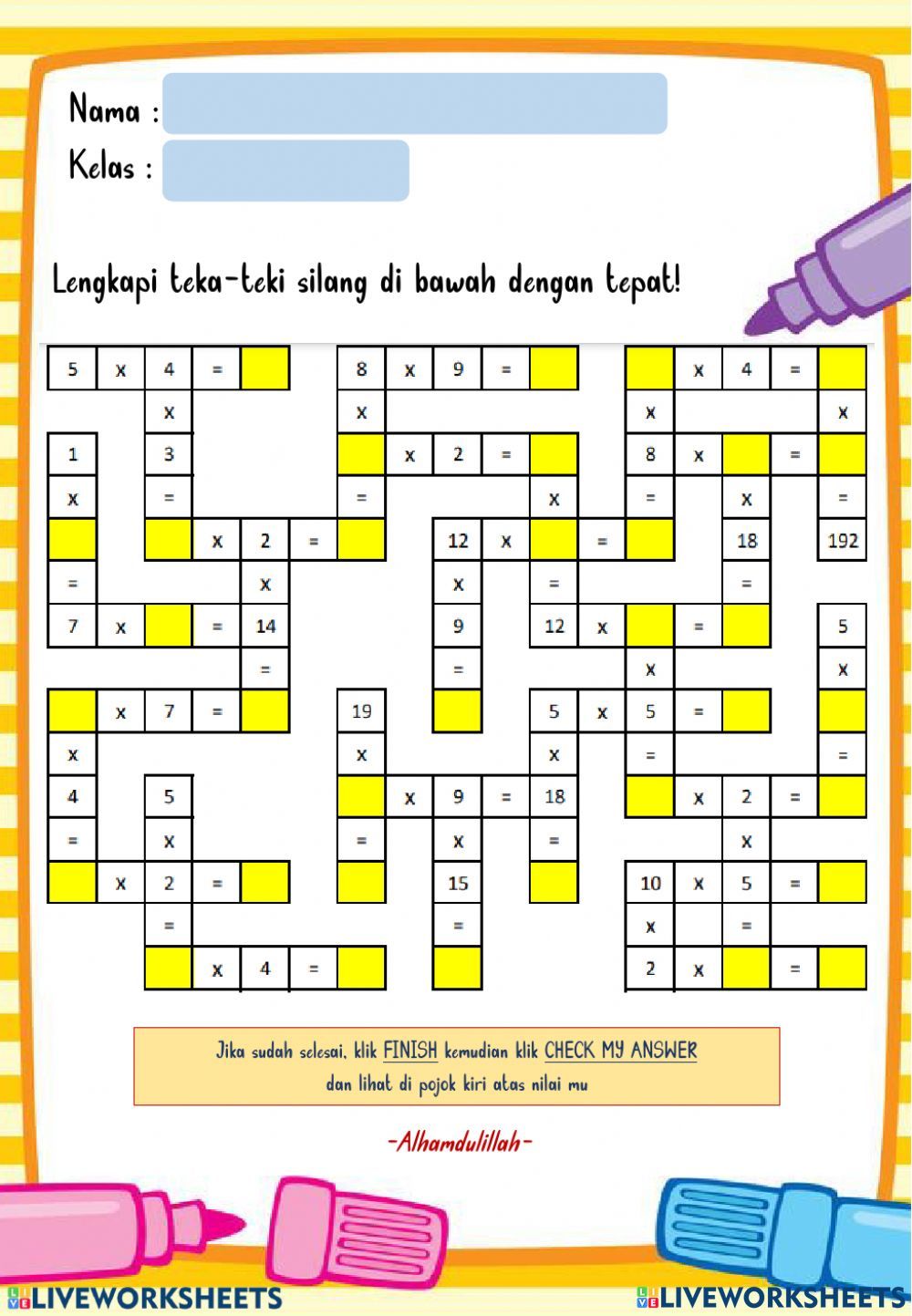 Teka-Teki Silang Perkalian Kelas 3 worksheet Matematik Sınıf