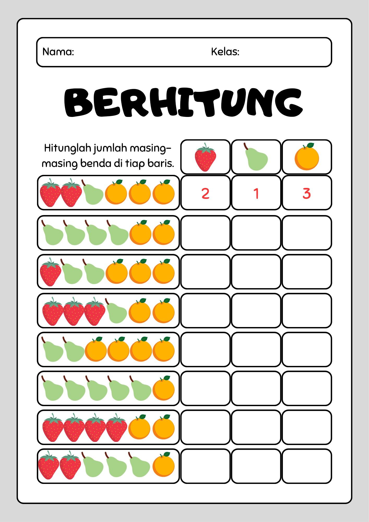 Free Printable Math Worksheet for Kindergarten Fruit counting Free Printable Math Worksheet for Kindergarten Fruit counting