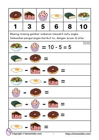Pengurangan 1-10 Belajar Berhitung Lembar Kerja Anak TK - PAUD - SD Pengurangan 1-10 Belajar Berhitung Lembar Kerja Anak TK - PAUD - SD