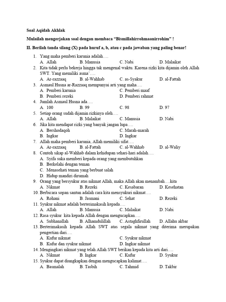 5 Contoh Soal Ujian Kelas 3 MIN Semester 2 Aqidah Akhlak yang Wajib Dikuasai