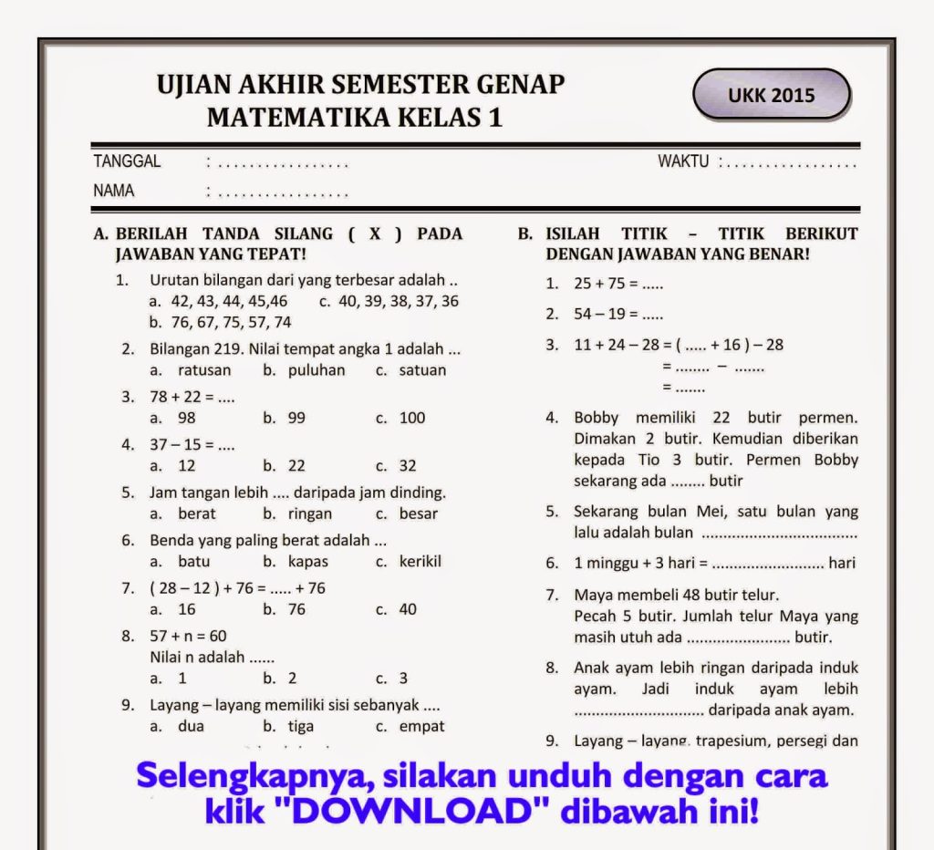 Akhirnya Tahu 7 Contoh Soal Matemateka Kelas 1 SD Semester 2 yang Bikin Anak Jago Hitung dalam 5 Menit