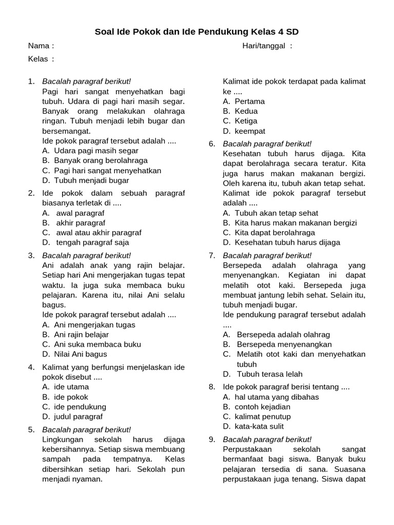 Akhirnya Terbukti 5 Contoh Soal Ide Pokok dalam Paragraf untuk Kelas 4 SD yang Wajib Dikuasai