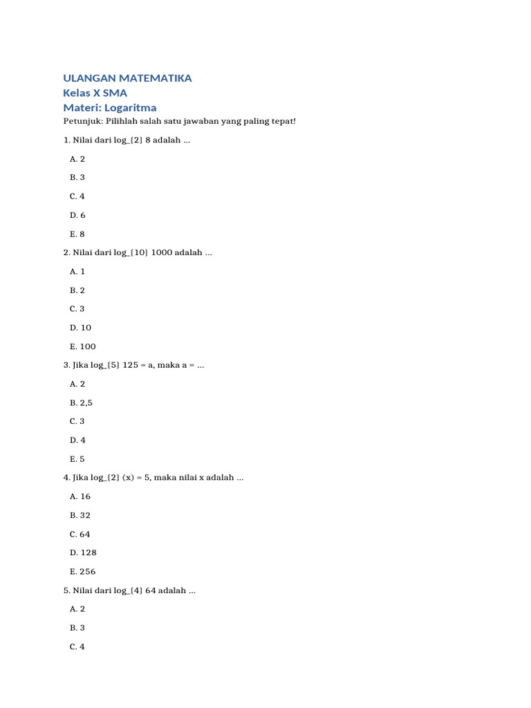 Ulangan Logaritma Kelas X SMA PDF Ulangan Logaritma Kelas X SMA PDF