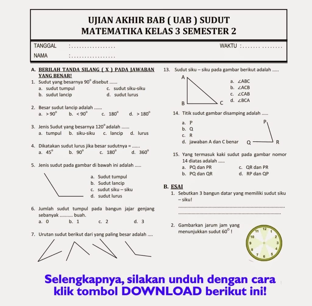 7 Tipe Contoh Soal Ujian Kelas 3 Min Semester 2 Pel Mtk tentang Sudut yang Wajib Dikuasai Siswa