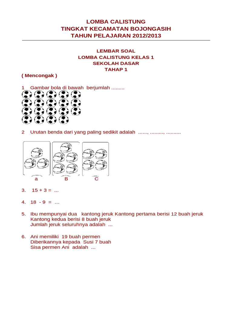 Soal Lomba Calistung Kelas 1 SD 2012 2013 PDF Soal Lomba Calistung Kelas 1 SD 2012 2013 PDF