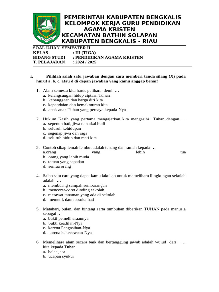 Soal Ujian Agama Kristen Kelas III PDF Soal Ujian Agama Kristen Kelas III PDF