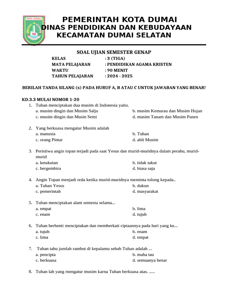 Inilah Kumpulan Contoh Soal Ujian Kelas 3 Agama Kristen Semester I yang Wajib Dipelajari Sebelum Ujian