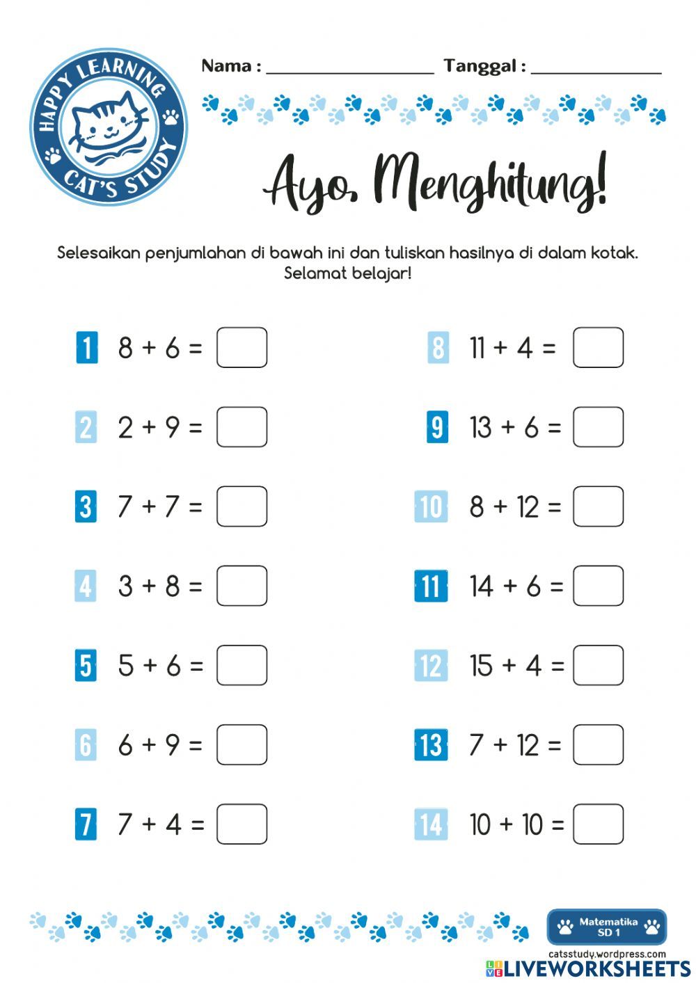 Penjumlahan 1-20 worksheet Terapi Ders programları Okul öncesi