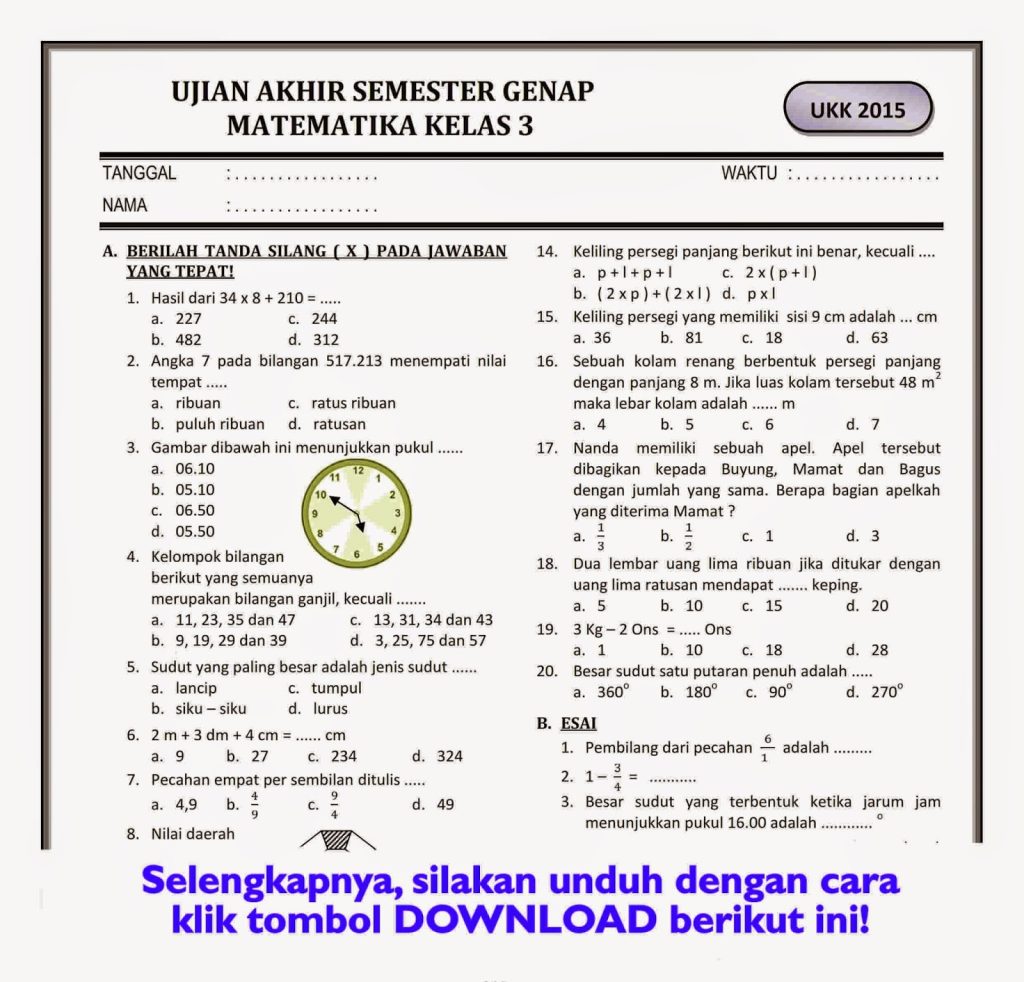 Wajib Tahu 7 Contoh Soal Ujian Kelas 3 Semester 2 Siap Cetak untuk Latihan Siswa Sebelum Terlambat