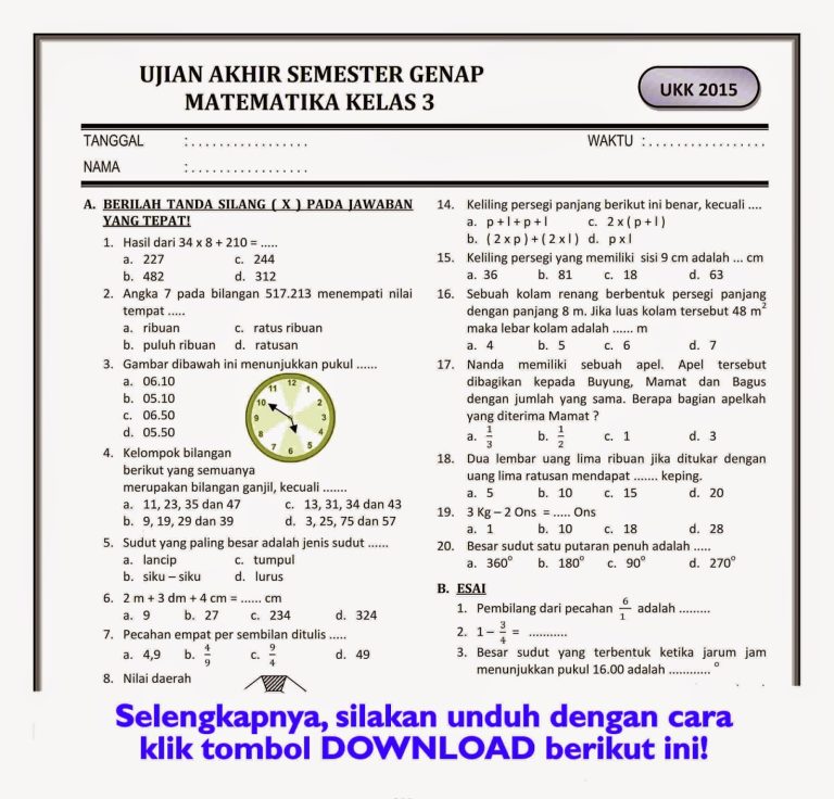 Wajib Tahu 7 Contoh Soal Ujian Kelas 3 Semester 2 Siap Cetak untuk Latihan Siswa Sebelum Terlambat
