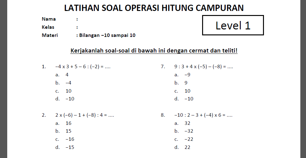 Contoh Operasi Hitung Campuran Bilangan Bulat Dalchaebi