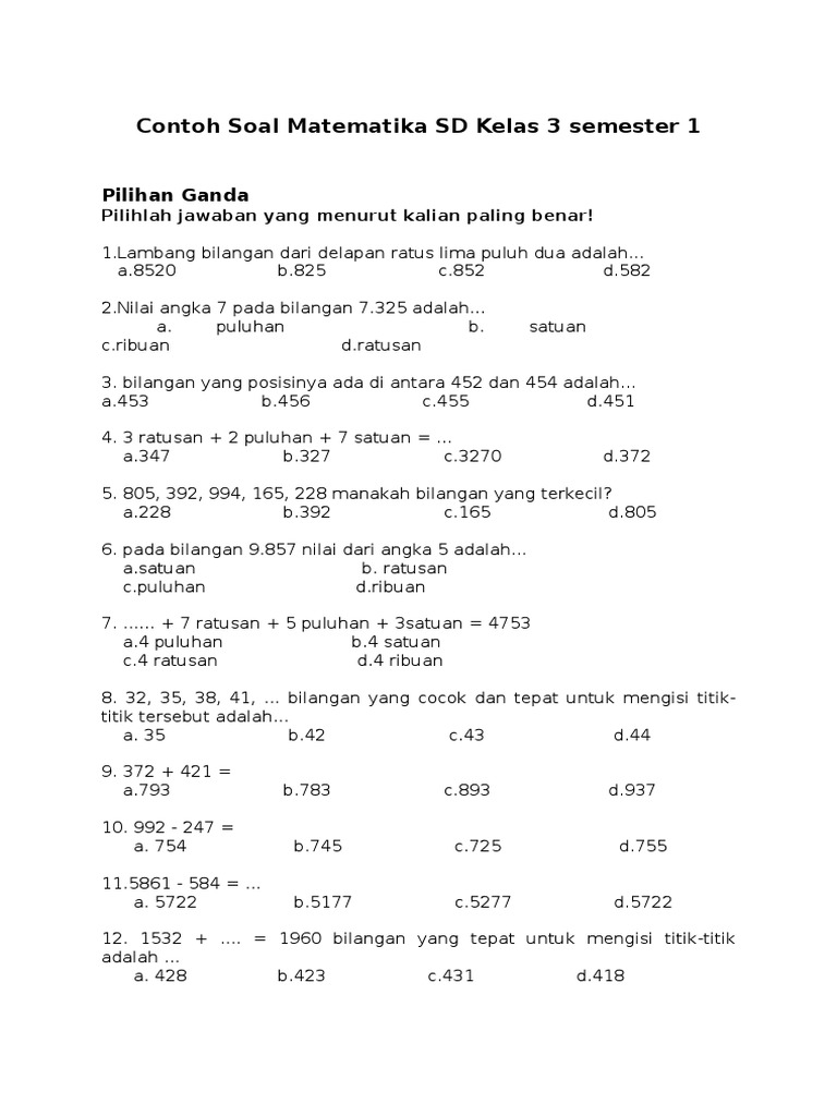 Contoh Soal Matematika SD Kelas 3 Semester 1 PDF Contoh Soal Matematika SD Kelas 3 Semester 1 PDF