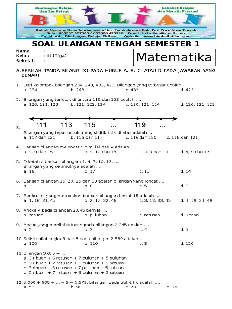 contoh soal ujian matematika semester 1 kelas 3 sd contoh soal ujian matematika semester 1 kelas 3 sd