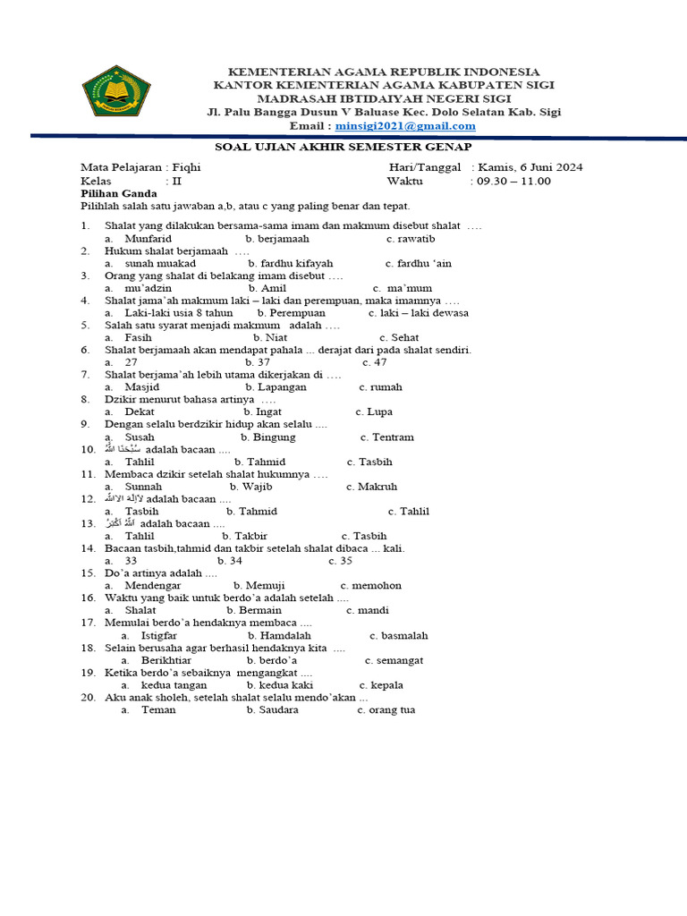 Wajib Tahu! Inilah Bocoran soal ulangan fiqih kelas 2 semester 1 yang Paling Akurat