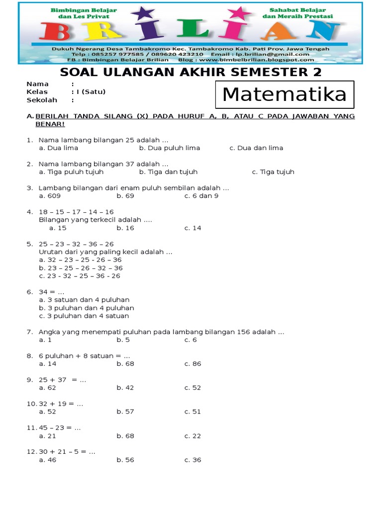 Wajib Tahu! Latihan Soal UTS Semester 2 Mata Pelajaran Matematika Kelas 1 Ini Terbukti Ampuh
